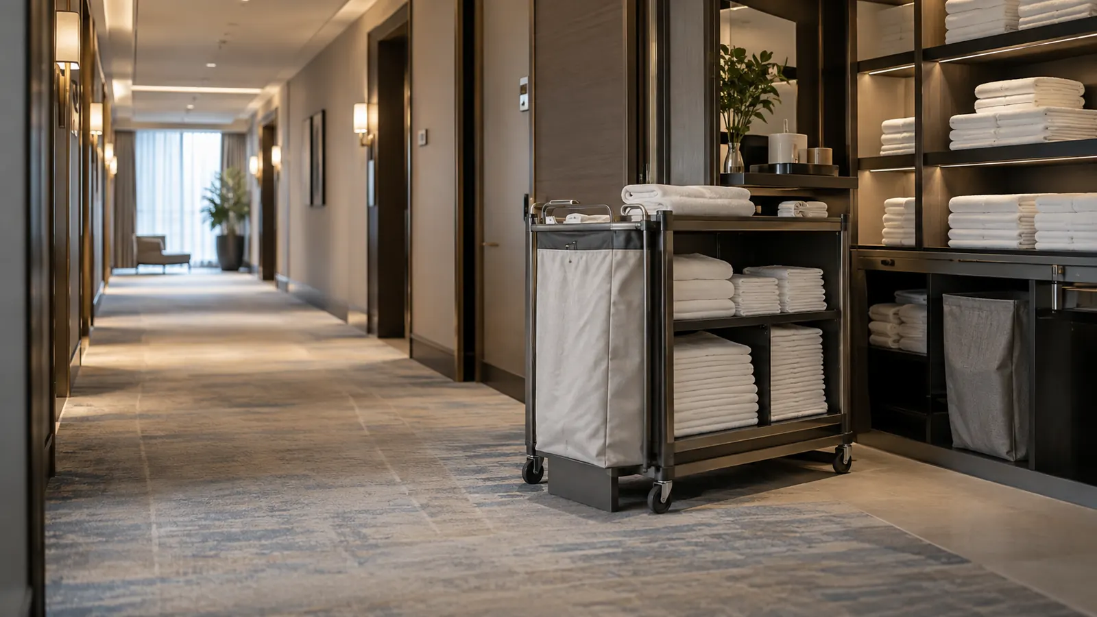 Otel koridorunda düzenli kat hizmetleri arabası