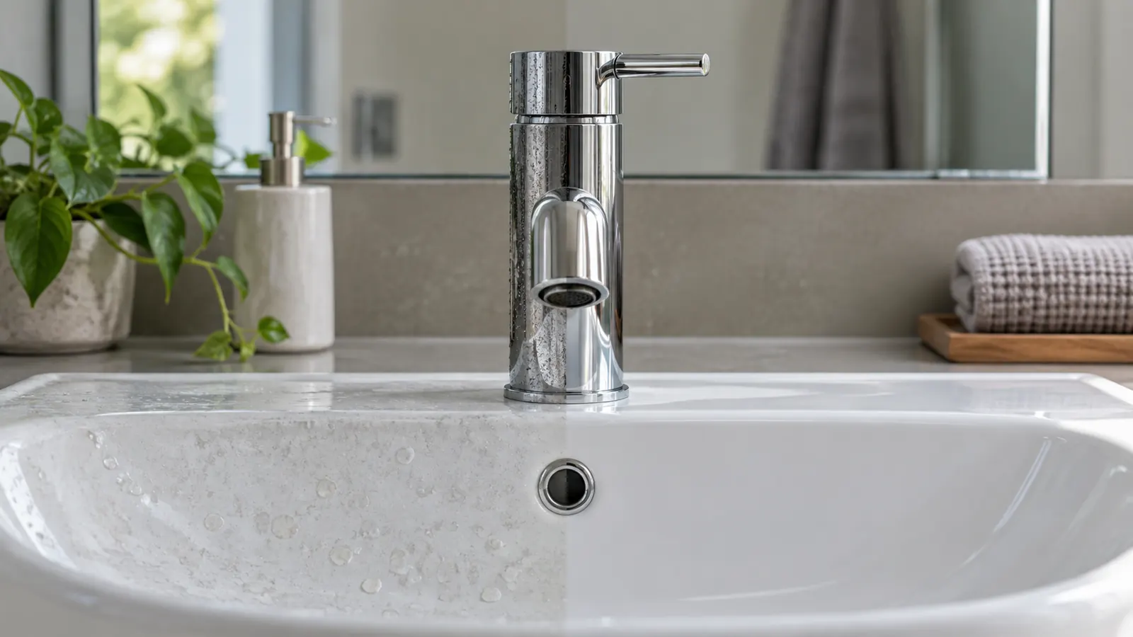 Kireçten arındırılmış krom armatür ve seramik lavabo
