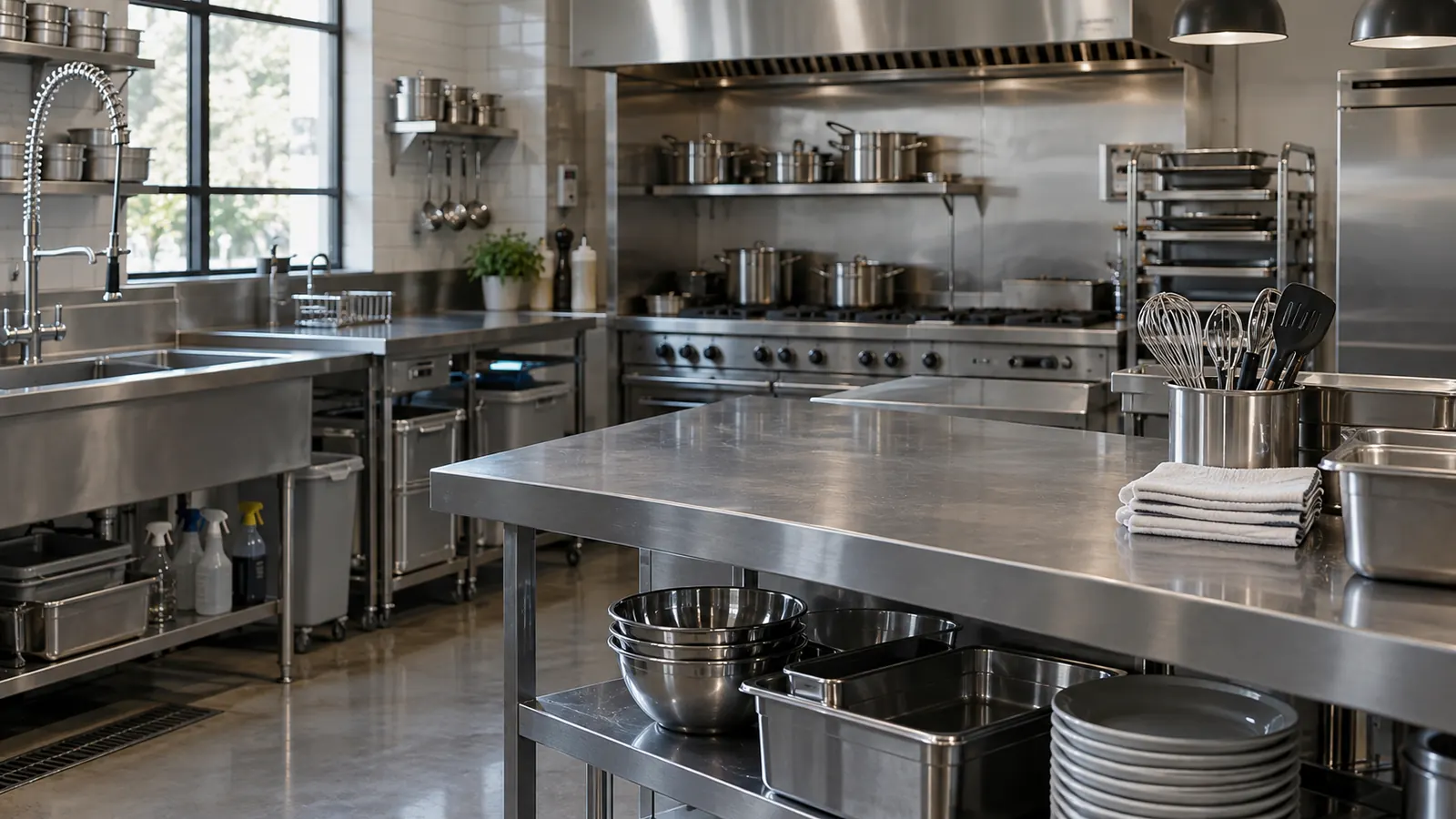 Servis sonrası temizlenen çağdaş restoran mutfağı